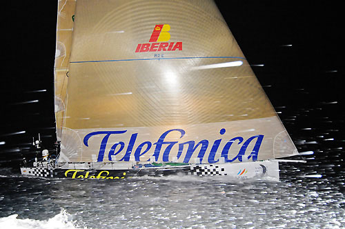 Telefonica Black, skippered by Fernando Echavarri (ESP) finishes fifth on leg 3 of the Volvo Ocean Race from India to Singapore, crossing the finish line at 17:36:23 GMT. Photo copyright Dave Kneale / Volvo Ocean Race.