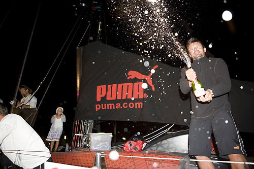 Sidney Gavignet (FRA) celebrates his 40th Birthday as PUMA Ocean Racing pull into the dock. Photo copyright Sally Collison / PUMA Ocean Racing / Volvo Ocean Race.