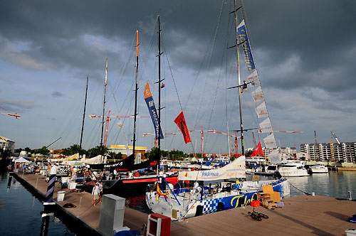The Volvo Ocean Race fleet of Volvo Open 70s gather in the Singapore Race Village after repairs during the stopover. Photo copyright Dave Kneale / Volvo Ocean Race.