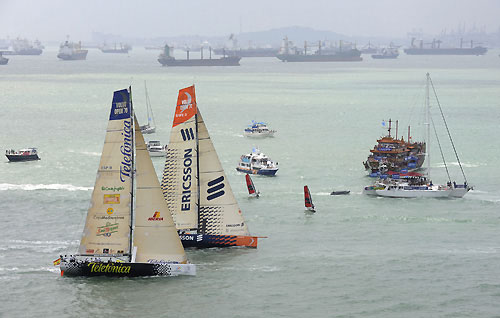 The fleet of Volvo Open 70's battle around the short course during the Singapore In-Port Racing. Photo copyright Rick Tomlinson / Volvo Ocean Race.