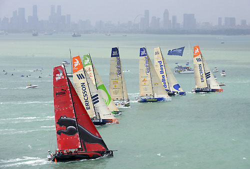 The fleet of Volvo Open 70's battle around the short course during the Singapore In-Port Racing. Photo copyright Rick Tomlinson / Volvo Ocean Race.