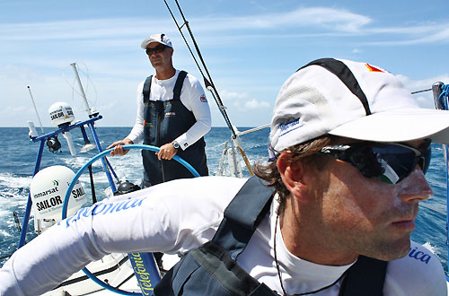 Iker Martinez lookong for the wind while Bouwe Bekking is driving, on leg 4 of the Volvo Ocean Race from Singapore to Qingdao, China. Photo copyright Gabriele Olivo / Telefonica Blue / Volvo Ocean Race.