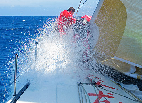 Freddie Shanks and Phil Harmer changing sails on Green Dragon, on leg 4 of the Volvo Ocean Race from Singapore to Qingdao, China. Photo copyright Guo Chuan / Green Dragon Racing / Volvo Ocean Race.