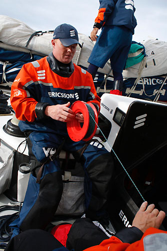Phil Jameson coiling mouse line onboard Ericsson 4, on leg 4 of the Volvo Ocean Race from Singapore to Qingdao, China. Photo copyright Guy Salter / Ericsson 4 / Volvo Ocean Race.