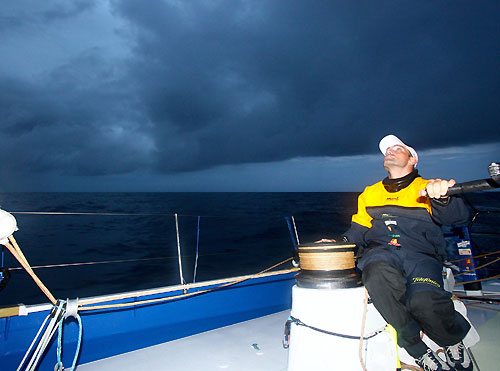 Xabier Fernandez trimming as a storm approaches Telefonica Blue, on leg 4 of the Volvo Ocean Race from Singapore to Qingdao, China. Photo copyright Gabriele Olivo / Telefonica Blue / Volvo Ocean Race.
