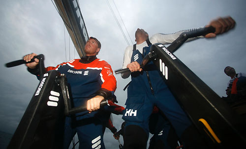 Martin Stromberg and the crew, grinding onboard Ericsson 3, on leg 4 of the Volvo Ocean Race from Singapore to Qingdao, China. Photo copyright Gustav Morin / Ericsson 3 / Volvo Ocean Race.