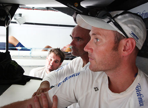 A tense time for navigator Simon Fisher front, skipper Bouwe Bekking centre and meteorologist Tom Addis back, onboard telefonica Blue during leg 4 of the Volvo Ocean Race, from Singapore to Qingdao, China. Photo copyright Gabriele Olivo / Telefonica Blue / Volvo Ocean Race.
