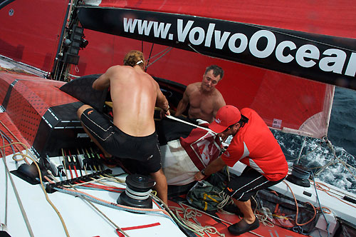 The crew of il mostro drag sails up on deck, on leg 4 of the Volvo Ocean Race, from Singapore to Qingdao, China. Photo copyright Rick Deppe / PUMA Ocean Racing / Volvo Ocean Race.