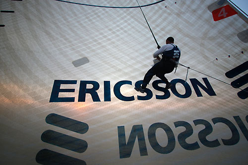 Ryan Godfrey repairing sails onboard Ericsson 4, on leg 4 of the Volvo Ocean Race, from Singapore to Qingdao, China. Photo copyright Guy Salter / Ericsson 4 / Volvo Ocean Race.