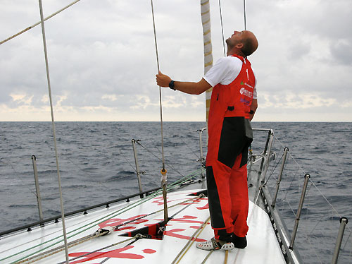 Ian Walker / GBR (pictured) checking the rig after the boat suffered a broken forestay, a crucial part of the rigging, which helps keep the mast in position. Photo copyright Guo Chuan / Green Dragon Racing / Volvo Ocean Race.