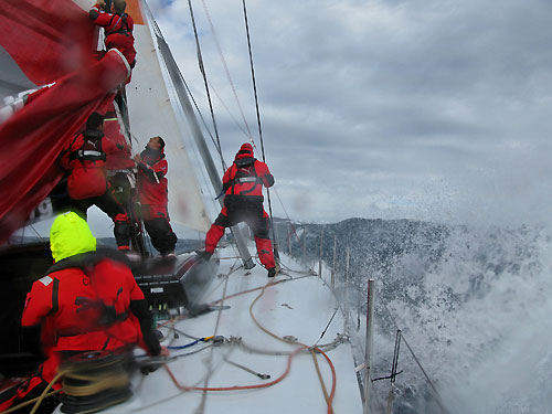 PUMA Ocean Racing, skippered by Ken Read (USA), breaks their boom in over 50 knots of wind and 20 feet high waves, on leg 4 of the Volvo Ocean Race, from Singapore to Qingdao, China. Photo © Rick Deppe / PUMA Ocean Racing / Volvo Ocean Race.