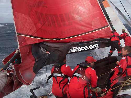 PUMA Ocean Racing, skippered by Ken Read (USA), breaks their boom in over 50 knots of wind and 20 feet high waves, on leg 4 of the Volvo Ocean Race, from Singapore to Qingdao, China. Photo copyright Rick Deppe / PUMA Ocean Racing / Volvo Ocean Race.