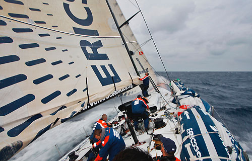 Reefed mainsail on Ericsson 4 in 50 knots of wind, on leg 4 of the Volvo Ocean Race, from Singapore to Qingdao, China. Photo copyright Guy Salter / Ericsson 4 / Volvo Ocean Race.