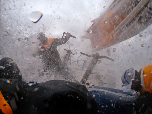 Pepe Ribes onboard Telefonica Blue is holding hard while Xabier Fernandez is trying to go to windward. Photo copyright Gabriele Olivo / Telefonica Blue / Volvo Ocean Race.
