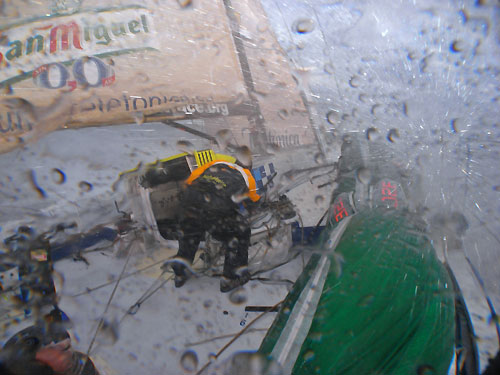 Pablo Arrarte Pepe Ribes onboard Telefonica Blue calling manouvre during a sail change trying to hide from the wave. Photo copyright Gabriele Olivo / Telefonica Blue / Volvo Ocean Race.