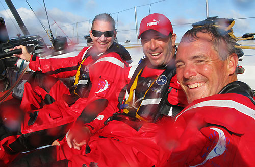 Ken Read left, Rob Salthouse centre and Erle Williams onboard PUMA Ocean Racing, on leg 4 of the Volvo Ocean Race, from Singapore to Qingdao, China. Photo copyright Rick Deppe / PUMA Ocean Racing / Volvo Ocean Race.