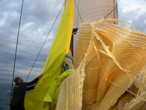 Team Delta Lloyd ripped the leach of the mainsail in 40 knots of wind and 5 meter high waves. They had to put up a storm jib and a trysail, while surging for a bay to do the repairs on the main. Photo copyright Sander Pluijm / Team Delta Lloyd / Volvo Ocean Race.