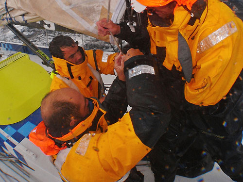 Repairing a chafed halyard. Pepe Ribes, Xabier Fernandez and Pablo Arrarte, on leg 4 of the Volvo Ocean Race, from Singapore to Qingdao, China. Photo copyright Gabriele Olivo / Telefonica Blue / Volvo Ocean Race.