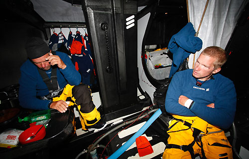 Skipper Magnus Olsson (SWE) left and bowman Martin Krite (SWE) onboard Ericsson 3 earlier on leg 4 of the Volvo Ocean Race, from Singapore to Qingdao, China. Photo copyright Gustav Morin / Ericsson 3 / Volvo Ocean Race.