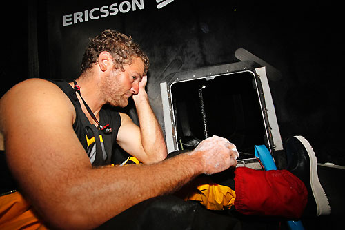 Watch Captian Richard Mason (NZL). Ericsson 3 were the latest to turn around on leg 4 of the Volvo Ocean Race, giving up their second place and heading for Keelung City, Taiwan, after structural damage saw them start to take on water. Photo copyright Gustav Morin / Ericsson 3 / Volvo Ocean Race.