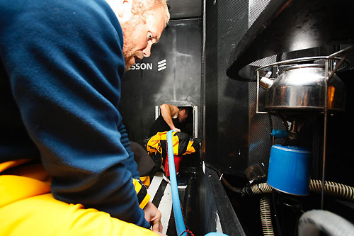 Making repairs on Ericsson 3, who are the latest to turn around on leg 4 of the Volvo Ocean Race, giving up their second place and heading for Base Camp after structural damage saw them start to take on water. Photo copyright Gustav Morin / Ericsson 3 / Volvo Ocean Race.