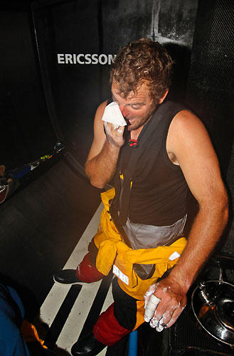 Watch Captian Richard Mason (NZL). Ericsson 3 are the latest to turn around on leg 4 of the Volvo Ocean Race, giving up their second place and heading for Base Camp after structural damage saw them start to take on water. But a combination of emergency repair work and the bilge pumps have the situation under control and they will seek shelter in Taiwan. Photo copyright Gustav Morin / Ericsson 3 / Volvo Ocean Race.