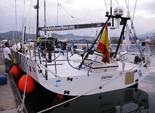 Telefonica Black moored in Subic Bay, Luzon Island, Philippines, after retiring from leg 4 of the Volvo Ocean Race with structural damage. Photo copyright Mikel Pasabant / Telefonica Black / Volvo Ocean Race.