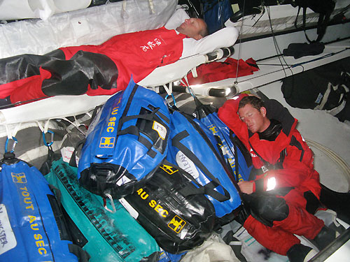 An exhausted Green Dragon crew after braving the storms, on leg 4 of the Volvo Ocean Race, from Singapore to Qingdao, China. Photo copyright Guo Chuan / Green Dragon Racing / Volvo Ocean Race.