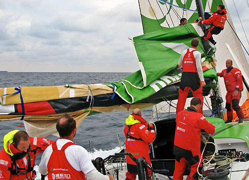 Green Dragon changes to storm sails in rough weather on leg 4 of the Volvo Ocean Race from Singapore to Qingdao, China. Photo copyright Guo Chuan / Green Dragon Racing / Volvo Ocean Race.
