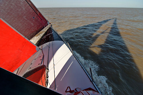 The silt laden colour of the ocean about 20 miles off the Chinese coast, around the delta of the Yangtze river. PUMA Ocean Racing nears the finish, on leg 4 of the Volvo Ocean Race, from Singapore to Qingdao, China. Photo copyright Rick Deppe / PUMA Ocean Racing / Volvo Ocean Race.