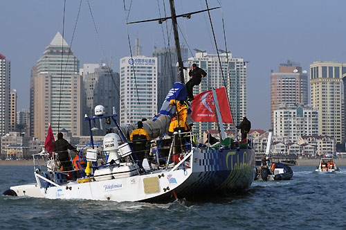 Telefonica Blue, skippered by Bouwe Bekking (NED), finishes first, on leg 4 of the Volvo Ocean Race, from Singapore to Qingdao, China at 07:00:25 GMT. Photo copyright Rick Tomlinson / Volvo Ocean Race.