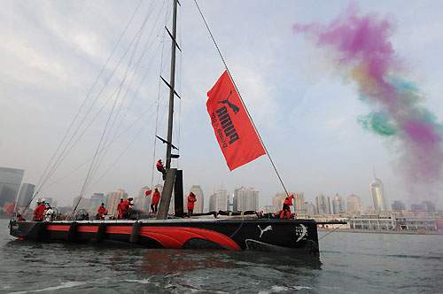 PUMA Ocean Racing, skippered by Ken Read (USA), finishes second, on leg 4 of the Volvo Ocean Race, from Singapore to Qingdao, China at 08:17:36 GMT. Photo copyright Dave Kneale / Volvo Ocean Race.