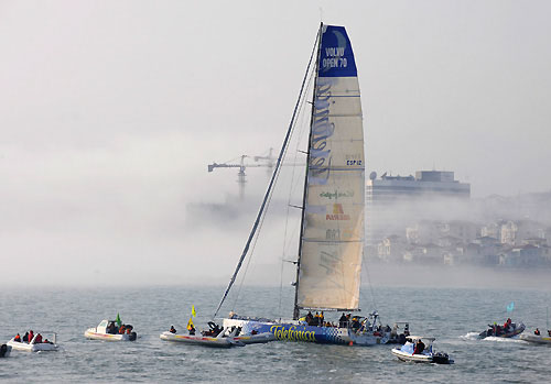 Telefonica Blue, skippered by Bouwe Bekking (NED), finishes first, on leg 4 of the Volvo Ocean Race, from Singapore to Qingdao, China at 07:00:25 GMT. Photo copyright Rick Tomlinson / Volvo Ocean Race.