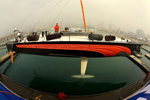 PUMA Ocean Racing's Il Mostro is lifted out of the water in Qingdao, ahead of work on the boat in readiness for the in port race and the next leg to Rio de Janeiro. Photo © Sally Collison / PUMA Ocean Racing / Volvo Ocean Race.
