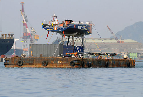 Ericsson 3 was moved by barge, down the coast of Taiwan from Keelung to Hualien where an 8 metre piece of the bow was replaced before continuing the remaining leg 4 joureny to Qingdao. Photo copyright Dave Kneale / Volvo Ocean Race.
