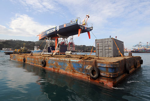 Ericsson 3 is moved by barge, down the coast of Taiwan from Keelung to Hualien where an 8 metre piece of the bow will be pulled out and replaced before they continue the remaining leg 4 joureny to Qingdao. Photo copyright Dave Kneale / Volvo Ocean Race.
