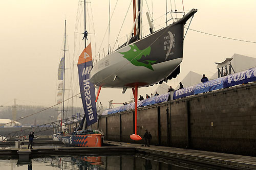 Green Dragon is lifted back in the water in Qingdao, China, following repairs in preparation for Leg 5 of the Volvo Ocean Race 2008-09. Photo copyright Rick Tomlinson / Volvo Ocean Race.