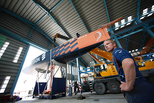 Ericsson 3's new bow piece fitted and the team undertake final repairs before the boat was re-launched to continue leg 4 from Taiwan to Qingdao. Photo copyright Gustav Morin / Ericsson 3 / Volvo Ocean Race.