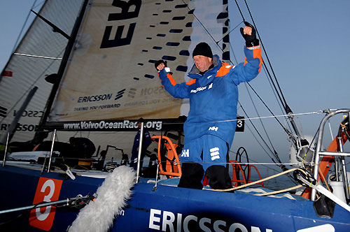 Ericsson 3 skippered by Magnus Olsson (SWE) (pictured), finishes Leg 4 on start Day for Leg 5 of the Volvo Ocean Race from Qingdao, China, to Rio De Janeiro. Photo copyright Dave Kneale/ Volvo Ocean Race.
