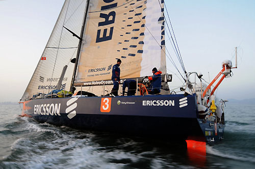 Ericsson 3 skippered by Magnus Olsson (SWE), finishes Leg 4, on start Day for Leg 5 of the Volvo Ocean Race from Qingdao, China, to Rio De Janeiro. Photo copyright Dave Kneale/ Volvo Ocean Race.