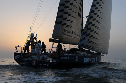 Ericsson 3 skippered by Magnus Olsson (SWE), finishes Leg 4, on start Day for Leg 5 of the Volvo Ocean Race from Qingdao, China, to Rio De Janeiro. Photo copyright Dave Kneale/ Volvo Ocean Race.