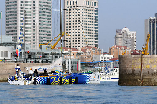 In a dramatic opening to leg five of the Volvo Ocean Race, minutes before the start gun fired, Telefónica Blue (Bouwe Bekking / NED) dropped her sails and returned to port, leaving a fleet reduced to three boats to contest the start in Qingdao. Photo copyright Dave Kneale / Volvo Ocean Race.