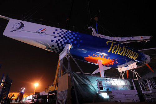 Telefonica Blue in Qingdao after hitting an uncharted rock outside Qingdao Harbour prior to the start of leg 5. Photo copyright Dave Kneale / Volvo Ocean Race.