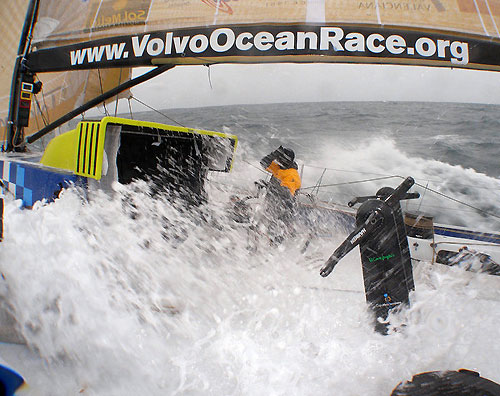 Jonathan Swain trimming the jib in rough weather onboard Telefonica Bue, on leg 5 of the Volvo Ocean Race. Photo copyright Gabriele Olivo / Telefonica Blue / Volvo Ocean Race.