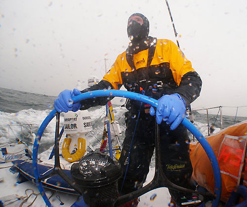 David Vera driving at high speed in cold temperatures onboard Telefonica Blue, on leg 5 of the Volvo Ocean Race. Photo copyright Gabriele Olivo / Telefonica Blue / Volvo Ocean Race.