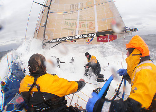 Iker Martinez driving while David Vera is trimming the main in rough weather onboard Telefonica Blue, on leg 5 of the Volvo Ocean Race. Photo copyright Gabriele Olivo / Telefonica Blue / Volvo Ocean Race.