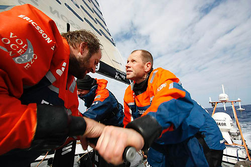Ericsson 3 new crew memeber Norwegian Arve Roaas hoisiting together with pitman and boat captainn Jens Dolmer, on leg 5 of the Volvo Ocean Race. Photo copyright Gustav Morin / Ericsson Racing Team / Volvo Ocean Race.