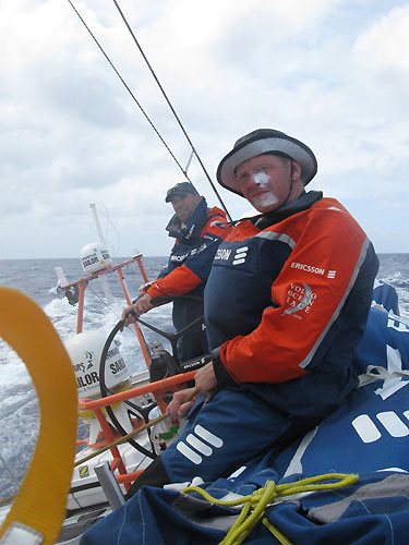 Trimmer / Helmsman Tony Mutter uses cream to protect his face from the salt spray on Leg 5 from Qingdao to Rio de Janeiro. Photo copyright Guy Salter / Ericsson 4 / Volvo Ocean Race.