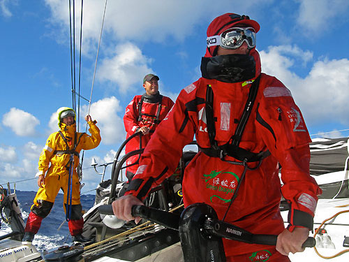 In the cockpit the Green Dragon crew are in full foul weather gear including goggles in heavy sea conditions, during Leg 5 from Qingdao to Rio de Janeiro. Photo copyright Guo Chuan / Green Dragon Racing / Volvo Ocean Race.