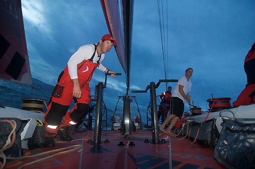 Cockpit action onboard PUMA - Rob Salthouse and Ken Read trimming during Leg 5 from Qingdao to Rio de Janeiro. Photo copyright Rick Deppe / PUMA Ocean Racing / Volvo Ocean Race.